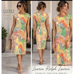 Lauren Ralph Lauren Paisley Sheath Dress Multicolor Knit Stretch S/P Knee